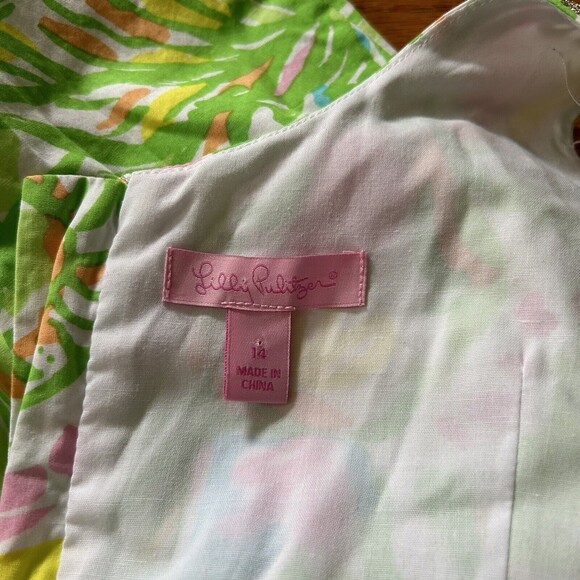 Lilly Pulitzer Girl's Sheath Dress Monstera Print 14 Green Gold Preppy Girly - Picture 5 of 6